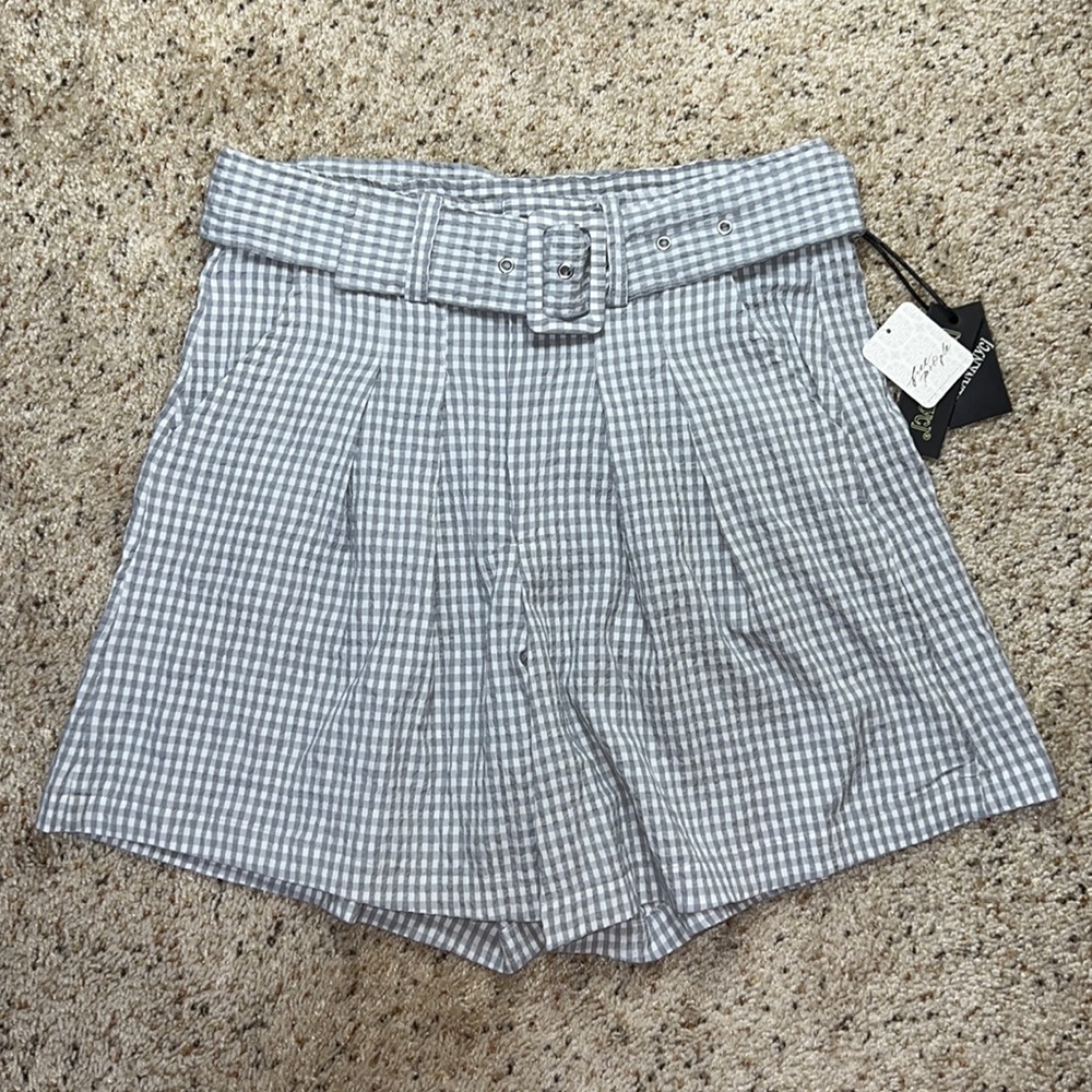 Free People Gray & White Gingham Belted Shorts
